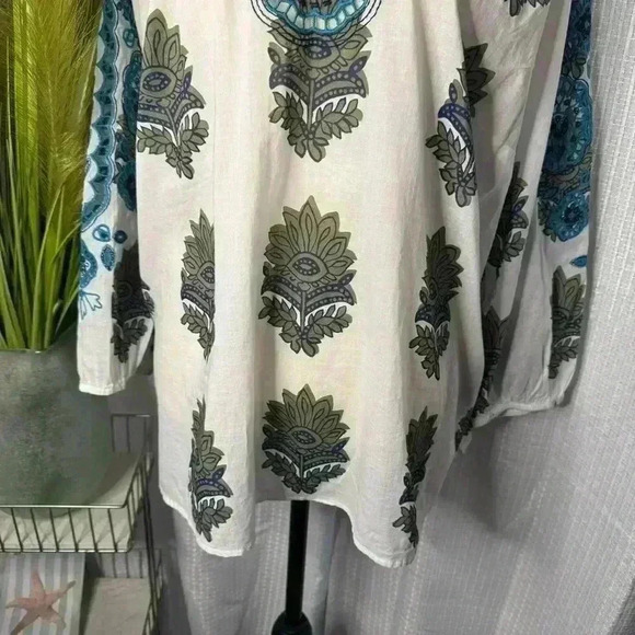 Talbots Women’s 1X Blouse Blue Imari Floral Medallion 3/4 Sleeve Crochet Accents - Picture 4 of 13